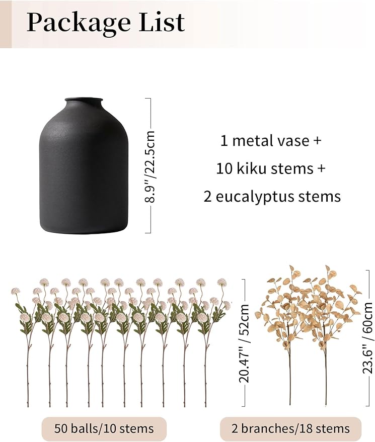 BLOSMON Dining Table Centerpiece Decor: Metal Vase with 12 Stems of Fake Mums Kiku Flower Eucalyptuses for Home - Beige Artificial Pom Poms Faux Floral Arrangements in Vase for Living Room