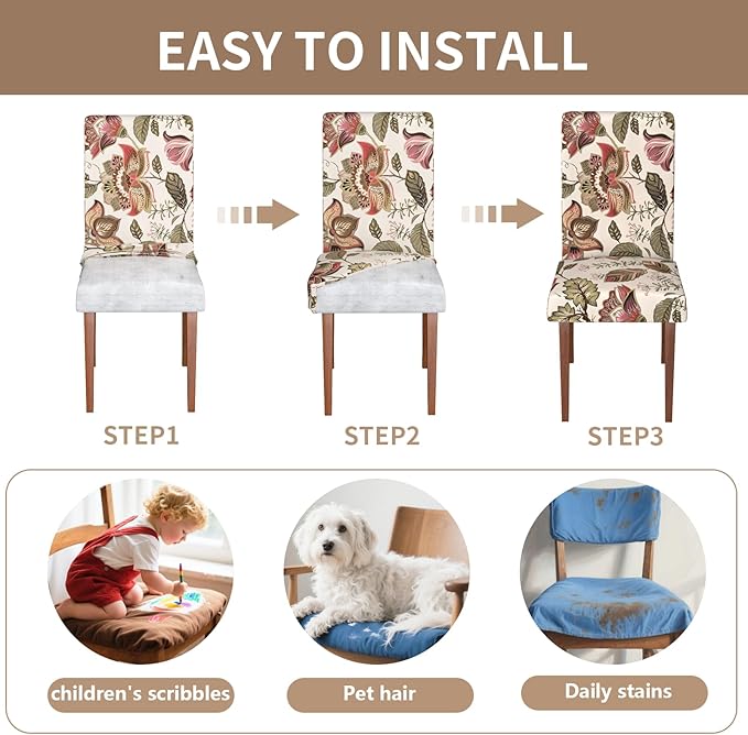 Stretch Dining Chair Covers Set of 4,Floral Print Chair Covers,Soft Removable Washable,Pet Friendly Furniture Protector,Universal Chair Slipcovers for Home, Kitchen,Ceremony Dining Room Seat
