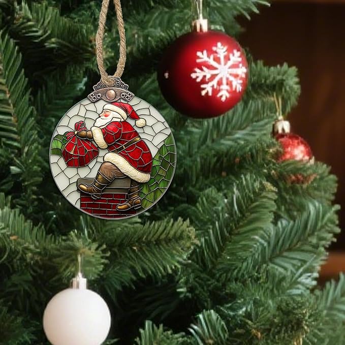 Stained Glass Christmas Decorations, Santa Claus Climbing The Chimney Suncatcher for Window Christmas Tree Hanging Ornaments Sun Catcher Xmas Decor Gifts for Women Men Mom Nana Friend