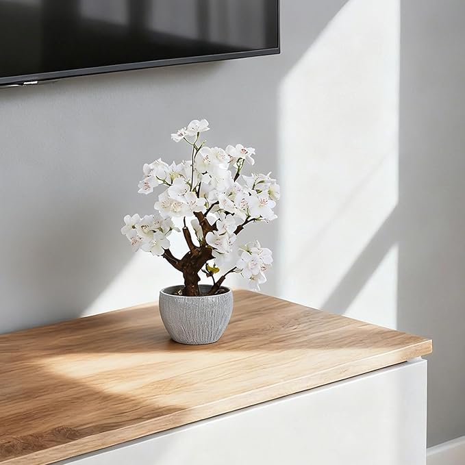 TOARTi Artificial White Cherry Blossom Potted Plant with Stone Pot, 12.6" Fake Flowers Potted Faux Plant Desk Decor, Realistic Decorative Plants Indoor Decor for for Home Bedroom Bathroom Office Desk