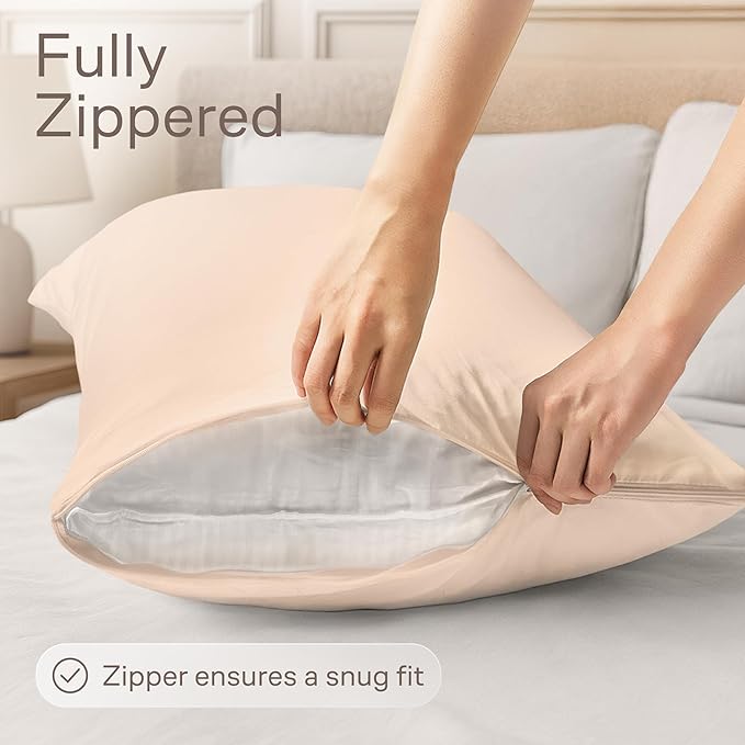 Ultra Soft Pillow Protectors with Zipper Queen Size - Set of 4 Breathable Pillow Covers - 100% Protection Against Stains, Dust & Dirt - Machine Washable (Beige)