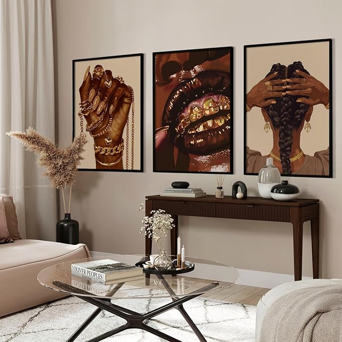 Pouydmi Black Girl Wall Art African Woman Canvas Wall Decor Black Women People Art Painting Gold Fashion Poster African American Girl Pictures for Bedroom Living Room 12x16x3 Inch Unframed