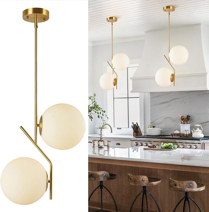 BOKT 2-Lights Large Glass Globe Pendant Light Fixture Modern Gold Pendant Lighting Mid Century Brushed Brass Pendant Light Kitchen Island White Glass Round Hanging Lighting (Large)