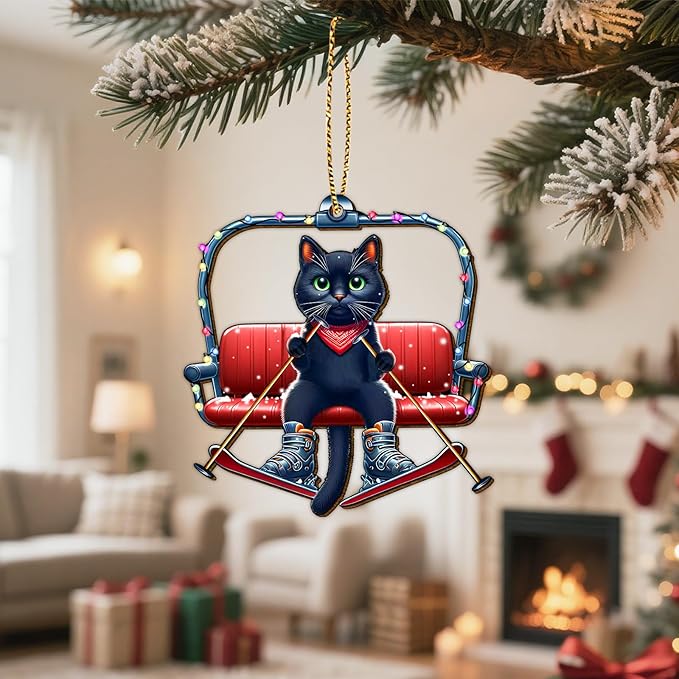 34HD Black Cat Christmas Ornament 2025 - Wooden Hanging Xmas Tree Ornament Decoration, Christmas Keepsake Gifts and Home Decor for Cat Lovers and Ski Fans