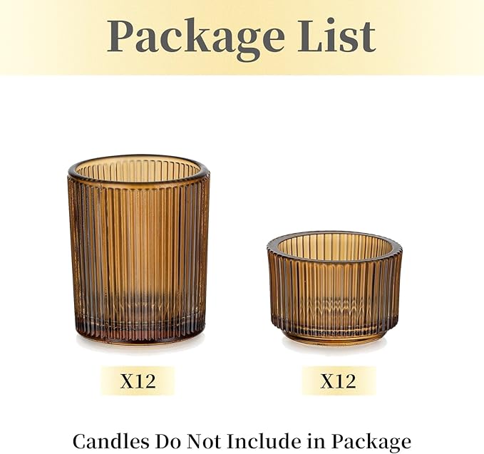 Hewory Glass Tealight Candle Holder: 24 Pcs Amber Votive Candle Holders Tea Lights Candle Holder, Ribbed Tea Light Holders Fall Decorations for Thanksgiving Table Centerpiece Wedding Party Home Decor