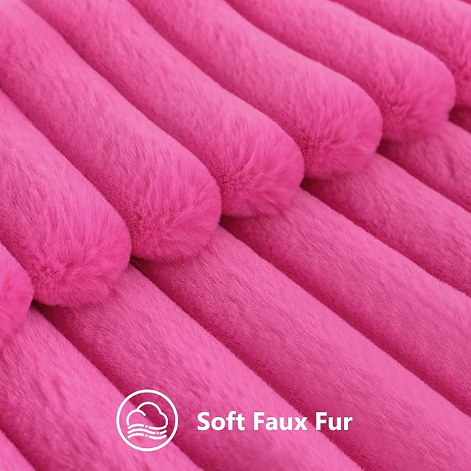 decorUhome Faux Fur Christmas Throw Pillow Covers 24x24 Set of 2, Decorative Soft Plush Striped Neutral Couch Euro Pillow Covers with Velvet Back for Sofa, Bed, Living Room Home Decor, Hot Pink