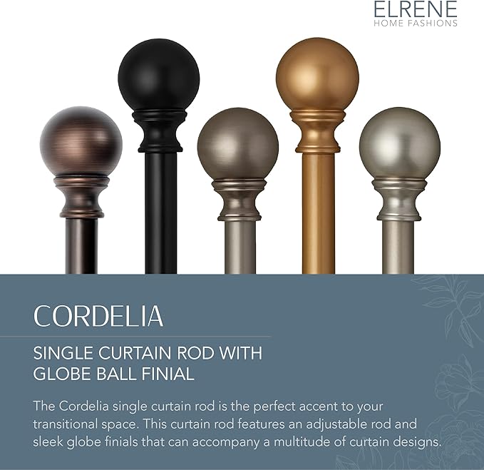 Elrene Home Fashions Cordelia Adjustable Single Curtain Rod with Globe Ball Finials, 1 Inch Diameter, Antique Pewter, 86"-120"