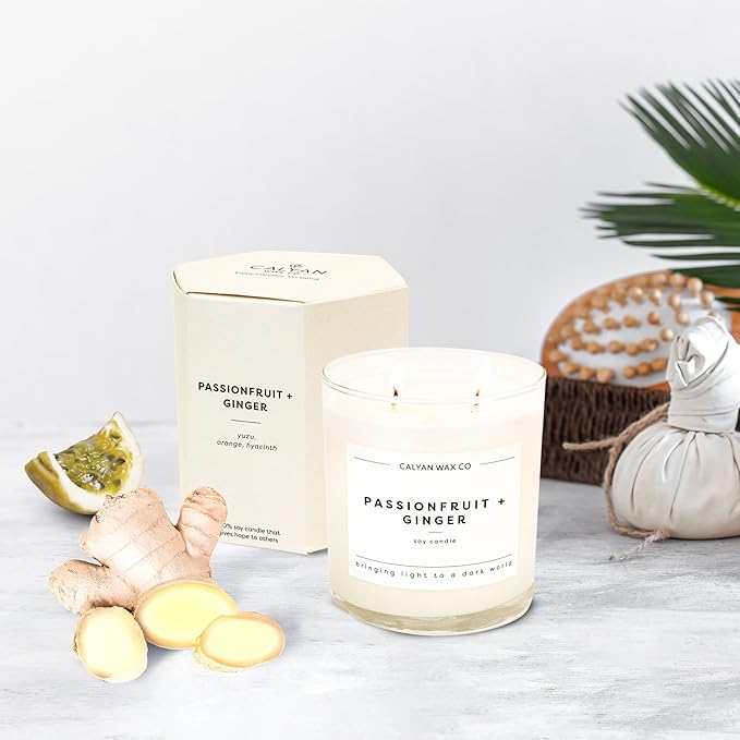 Calyan Wax Co. Passionfruit & Ginger 2 Wick Scented Candle - 37 Hour Burn - Luxury Non Toxic Soy Wax Candles - Long Lasting Large Glass Jar Candle for Home - 8.8oz
