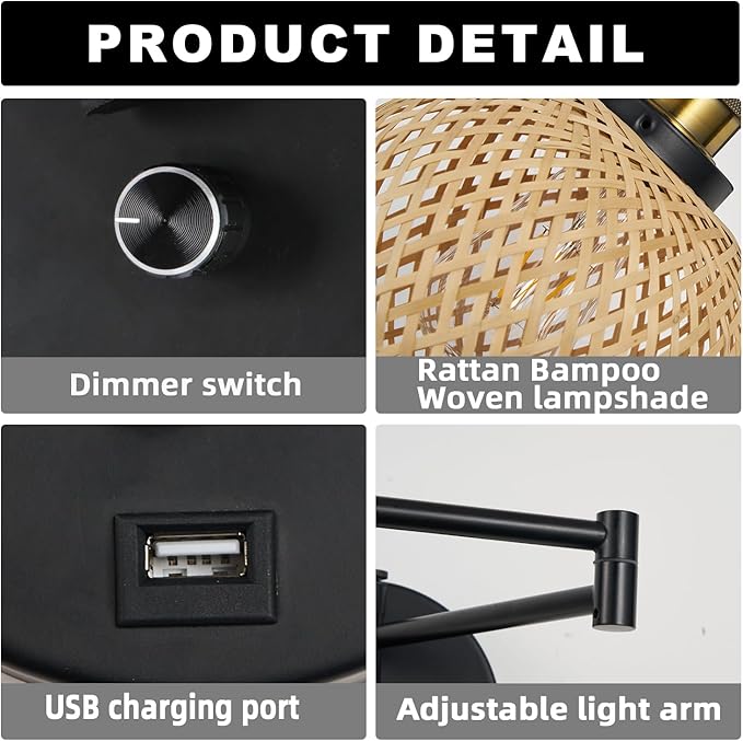 Rattan Plug in Wall Sconce Hand-Woven Rattan Swing Arm Wall Lamp with USB Port and Dimmer Switch Black Vintage Wall Light Fixtures Suitable for Bedroom Living Room.
