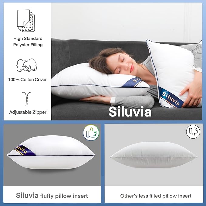 Siluvia Decorative 20x20 Pillow Inserts Set of 4 - Square Throw 20 Pillows with 100% Cotton Cover for Sofa, Couch, and Bed - White