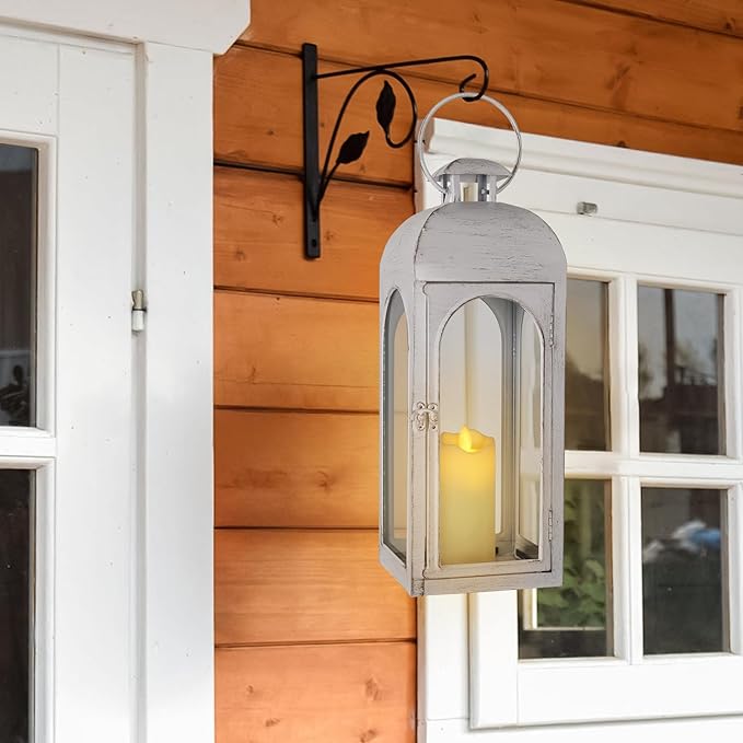 Decorative Candle Lantern 16Inches Outdoor Metal Lantern Hanging Candle Lantern for Indoor Outdoor Home Decor Patio Christmas Decorations, Greyish White