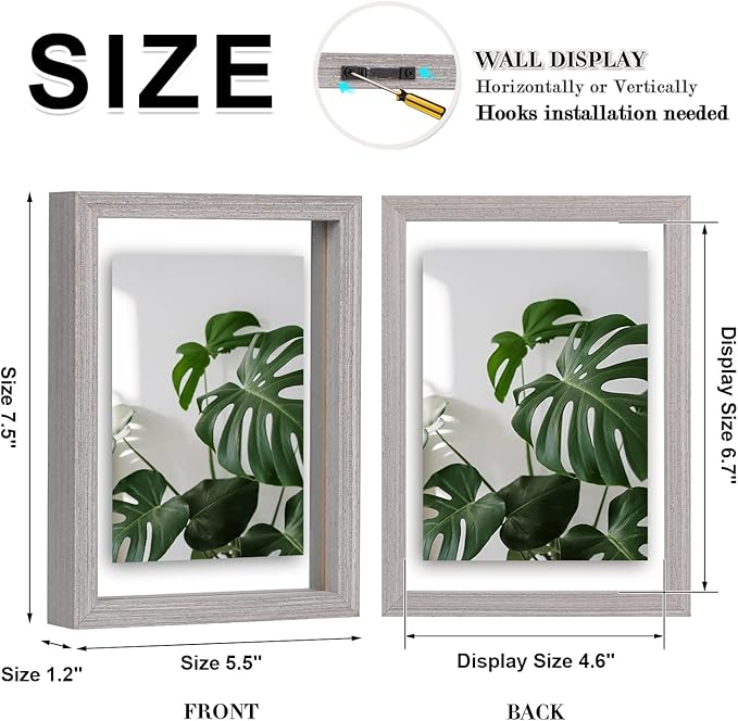 Egofine 5x7 Floating Frames Set of 2, Double Plexiglass Picture Frame, Made of Solid Wood Display Any Size Photo up to 5x7, Wall Mount or Tabletop Standing, Light Grey