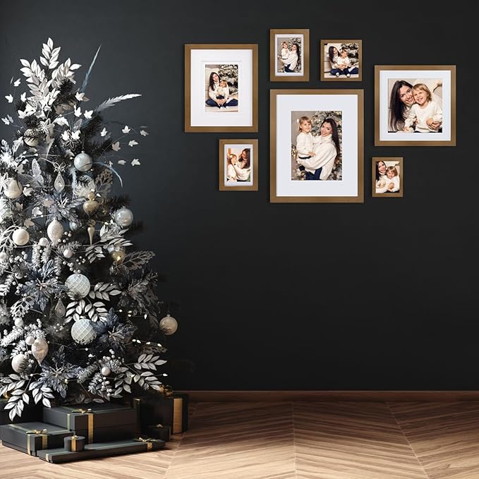 Egofine 4x6 Frames Set of 4, Made of Solid Wood Covered by Plexiglass 3x4.5 and 3.5x5 with Mat or 4x6 without Mat, for Table Top Display and Wall Mounting Photo Frame, Light Brown