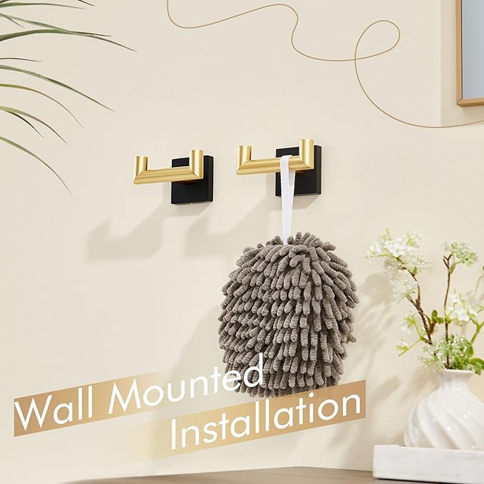 KOKOSIRI Robe Hooks Bath Towel Hooks Bathroom Hardware Double Coat Hooks Wall Mounted, Stainless Steel 2 Pack Black with Gold B1015GDK-P2