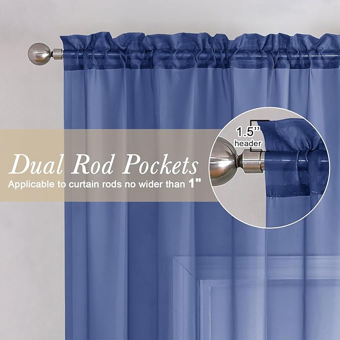 Lecloud Royal Blue Sheer Curtains 96 Inches Long 2 Panels, Farmhouse Voile Sheer Curtain for Windows, Soft Rod Pocket Transparent Curtains for Living Room Large Windows, Each Panel 42 X 96 Inch