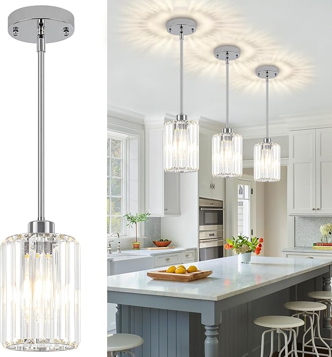 Chrome Pendant Lights,3 Pack Crystal Pendant Lighting for Kitchen Island, Modern Mini Kitchen Chandeliers Hanging Pendant Lights for Bedroom Dining Room Hallway