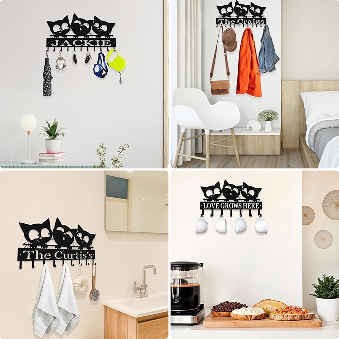Personalized Metal Key Rack Hooks, Key Holder Wall Mounted Key Hooks, Cat Theme Wall Decoration Hooks, Key Hanger Organizer for Living Room, Entryway, Bathroom, Office Decor