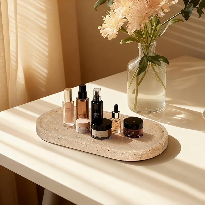 Natural Travertine Vanity Tray for Bathroom Countertop, 12" L x 6" W Light Beige Cream Decorative Tray with 4 Non-Slip Silicone Gaskets, Marble Tray for Jewelry, Perfume, Dresser Organizer
