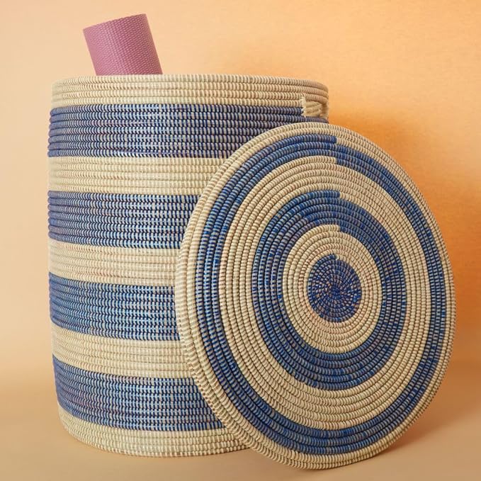 Extra Large Blue Stripes Storage Basket for Living Room Blankets, Bedroom Laundry and Nursery Toys - Decorative, Wicker, Woven, Round, Handles, Lid
