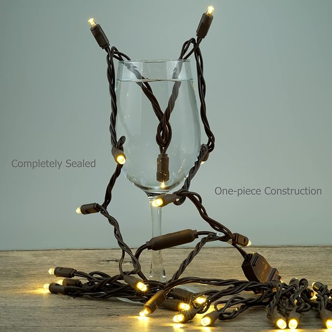YULETIME Warm White 5MM LED Christmas Lights, 33 ft 100 Count 4" Spacing One-Piece High Waterproof Wide Angle UL Certified String Light (Warm White - Brown Wire)