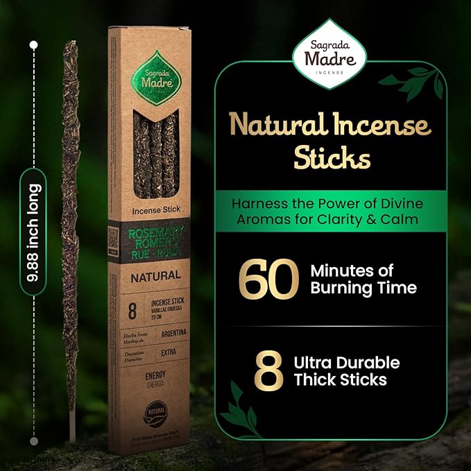 Sagrada Madre Handmade Rue, Rosemary Incense Sticks - 8 Frankincense Incenses (Each 9’’ Long) with Natural Ingredients for Spiritual Cleansing, Protection, & Balance - 1 Hour Burn Time