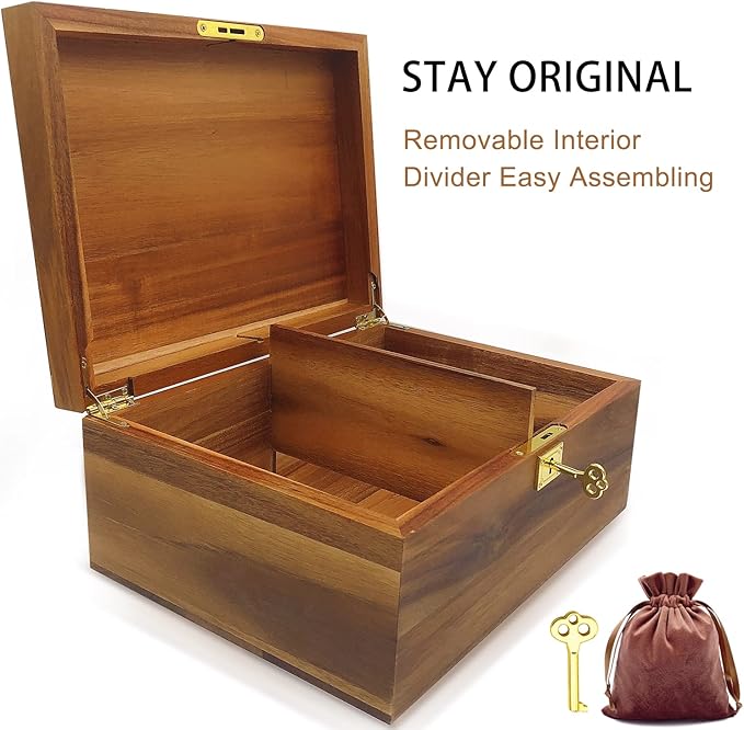 Wood Box Large Decorative Wooden Storage Box with Hinged Lid and Locking Key Premium Acacia Keepsake Chest Box Memory Gift Wooden Boxes 11 X 8.5 X 5 Inches