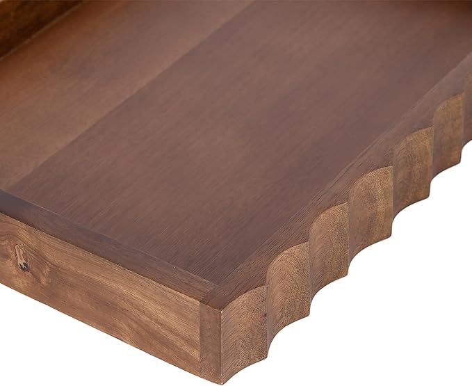 Kate and Laurel Lissi Decorative Rectangle Tray with Wavy Design, 16 x 12, Walnut Brown, Mid-Century Modern Scalloped Serving Tray for Coffee Table, Dining Table, or Entryway