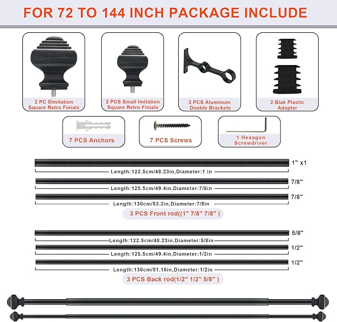Double Curtain Rods for Windows 72 to 144 Inches, Heavy Duty Double Curtain Rod with Square Retro Finials and Double Aluminum Bracket, Adjustable Double Rod for Curtains,Antique Black
