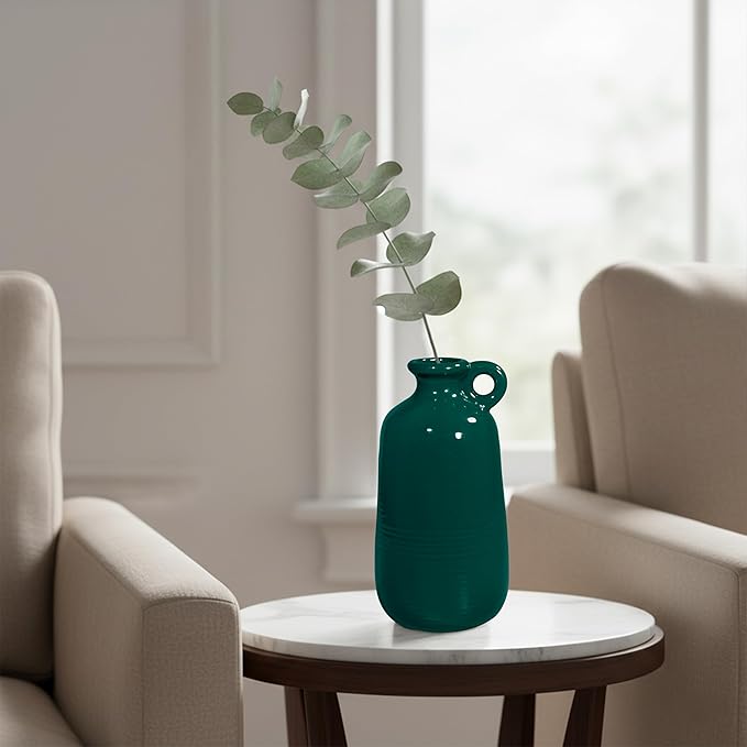 Sunddo Green Ceramic Vase 10 Inch - Modern Decorative Vase with 1 Handle, Table, Shelf Bookshelf,Mantel,Entryway Decor and Centerpieces