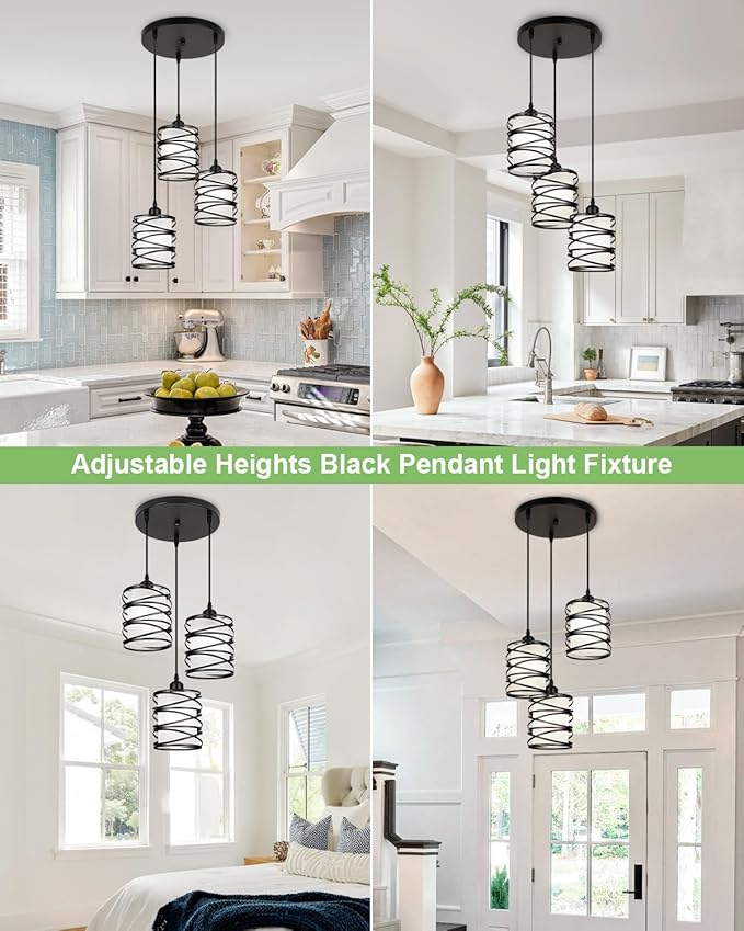 Black Pendant Lights for Kitchen Island 3-Light Pendant Light Fixtures with Frosted Glass Shades, Spiral Iron Kitchen Island Lighting Adjustable Pendant Lighting for Dining Room, Kitchen