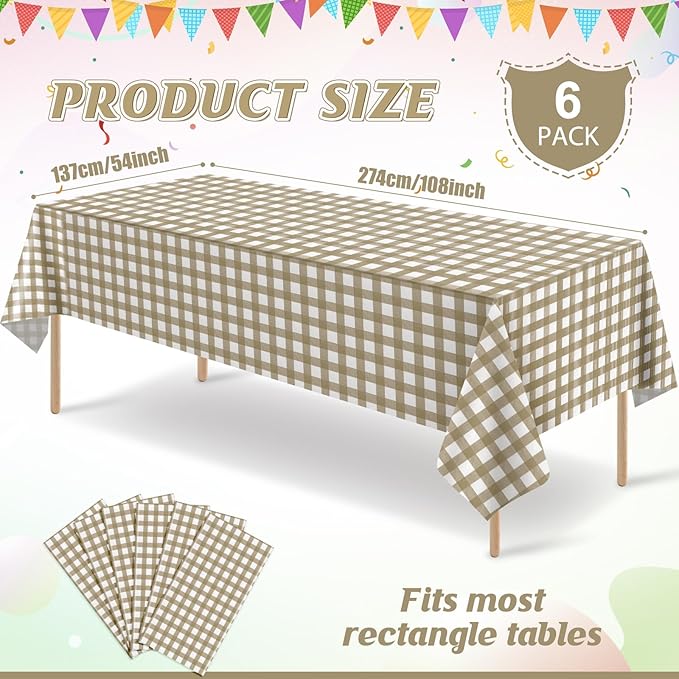 6 Pcs Brown Gingham Tablecloth Decorations, Disposable Plastic Khaki Gingham Tablecloth Buffalo Plaid Table Cover for Baby Shower Bridal Wedding Birthday Party Supplies,54 x 108 Inch