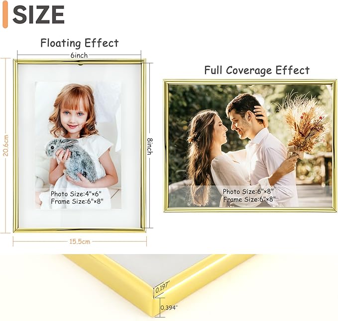 Wall Floating Frame, 6"×8", Gold, 2 Set, Wall Mounting or Wall Leaning, For Photo 6×8, 5×7, 4×6, Classy For Festival, Anniversary, Wedding, Home or Office Décor