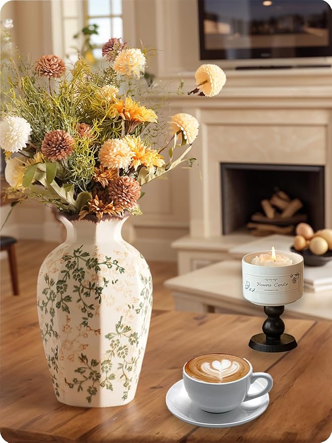 Vintage Ceramic Vase - 9 Inch Hand-Painted Flowers with Ice Crackle Glaze Finish, American Farmhouse Style Pitcher Vase for Home Decor, Centerpiece, Shelf, Table, Office
