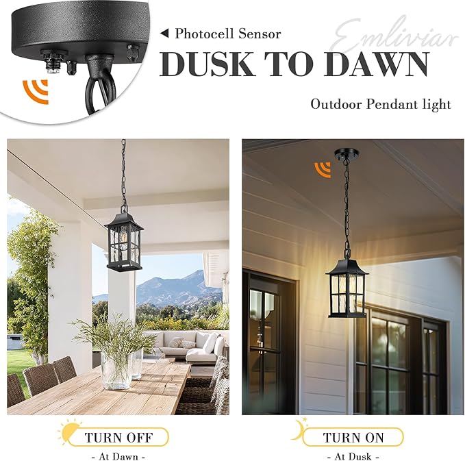 Emliviar Modern Outdoor Hanging Lantern with Dusk to Dawn Sensor, 10.6 Inch Pendant Lighting Fixture for Porch in Black Finish, Water Ripple Glass, YXE306H-PC BK-SW