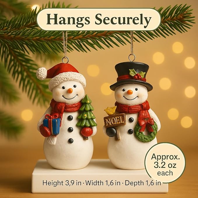 Christmas Snowman Ornament Set of 2 – Hand-Painted Resin Figurines with Hanging Cord, Cute Holiday Decorations for Tree, Mantel, or Gift – 4" Tall Lightweight Christmas Decor (Snowmen)