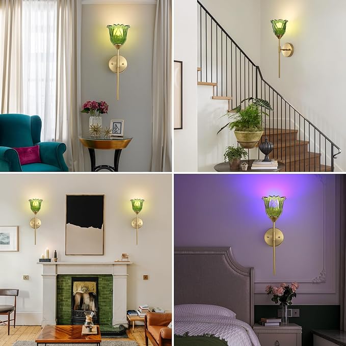 2 Pack Battery Operated Wall Sconce with Green Glass Lampshade, Mid Century Bathroom Vanity, Wireless Rechargeable RGB Wall Light with Remote Control, for Bedroom Mirror Living Room