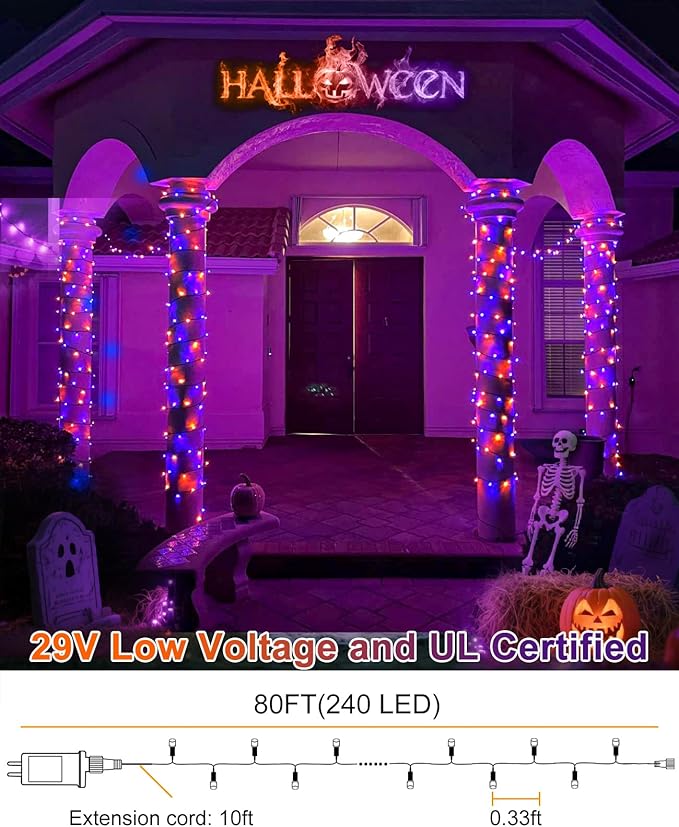 Purple Orange Christmas Lights Outdoor, 80FT 240 LED Christmas Tree Lights Waterproof Plug in, 8 Modes Connectable Christmas Decorations Green Wire for Indoor Home Garden Xmas Holiday