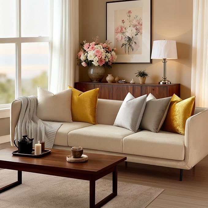 JUSPURBET Golden Lumbar Velvet Throw Pillow Covers 16x16 Set of 2 for Living Room Couch Sofa Bedroom Decorative Rectangle Solid Soft Cushion Cases with Invisible Zipper