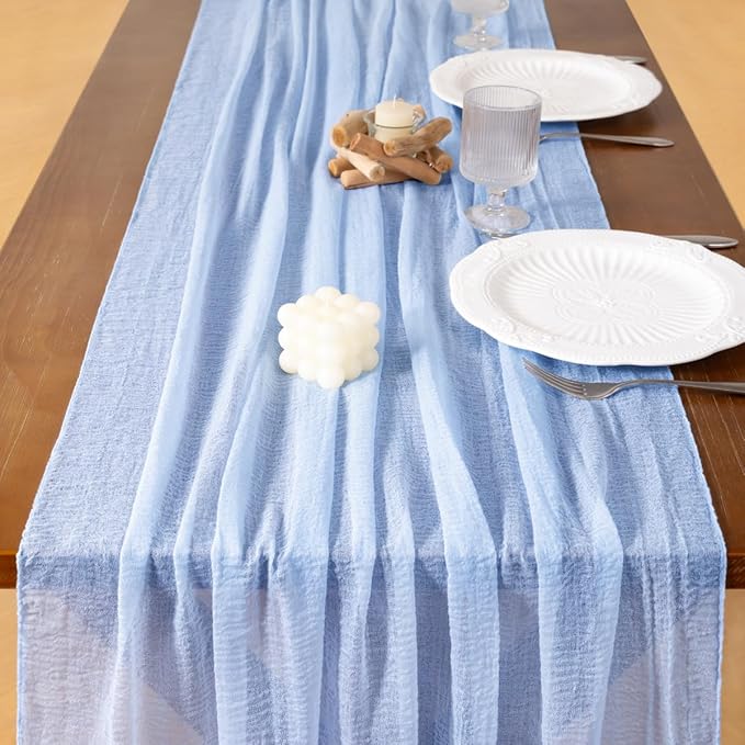Socomi 6pcs Blue Valentine's Day Gauze Cheesecloth Table Runner 120 Inch Rustic Boho Cheese Cloth Runner for Wedding Party Baby Bridal Shower Centerpiece Decoration Holiday Home Decorations