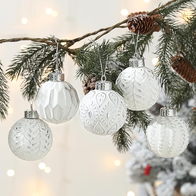 White and Silver Rustic Christmas Ball Ornaments, 3.15 inches Vintage Christmas Tree Decorations, 12 PCS Large Shatterproof Neutral Farmhouse Luxury Ornaments for Xmas Tree, Home Decor