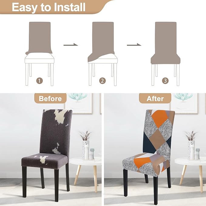 SearchI 6 Pack Super Fit Stretch Removable Washable Short Dining Chair Covers Slipcover Protector, Spandex Fabric Chair Cover for Dining Room, Hotel, Ceremony (Geometric1, 6 per Set)