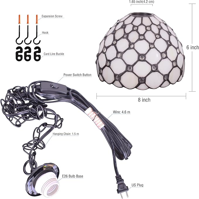 Small Tiffany Pendant Light Stained Glass Plug in Hanging Lamp 8 Inch Adjustable Height Hanging Chandelier Pendant Fixture for Home Kitchen Island Dining Room (Cream Pearl Bead Style)