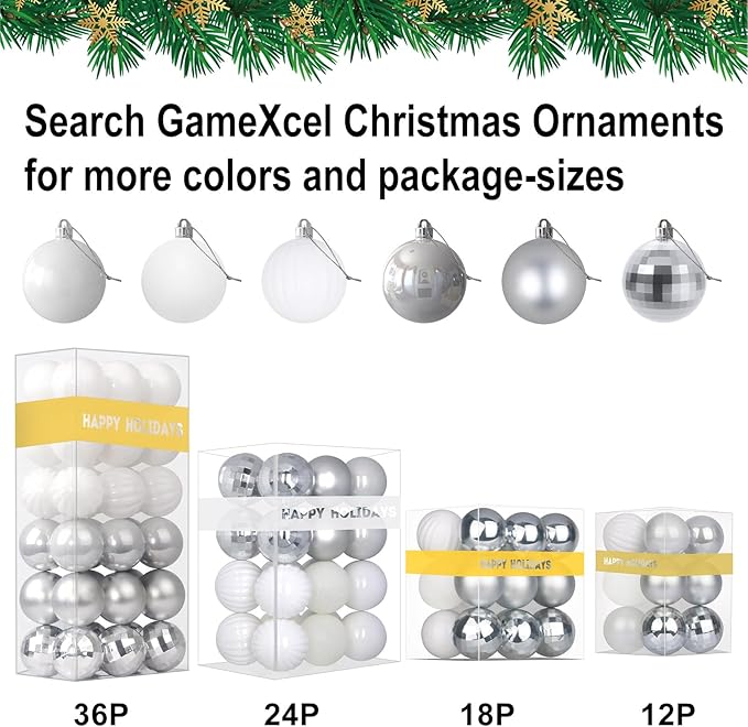 White & Silver 1.6" Small Christmas Balls Christmas Tree Decoration Ornaments Shatterproof Hanging Balls for Birthday Halloween Holiday Wedding Decorations Set of 24pcs