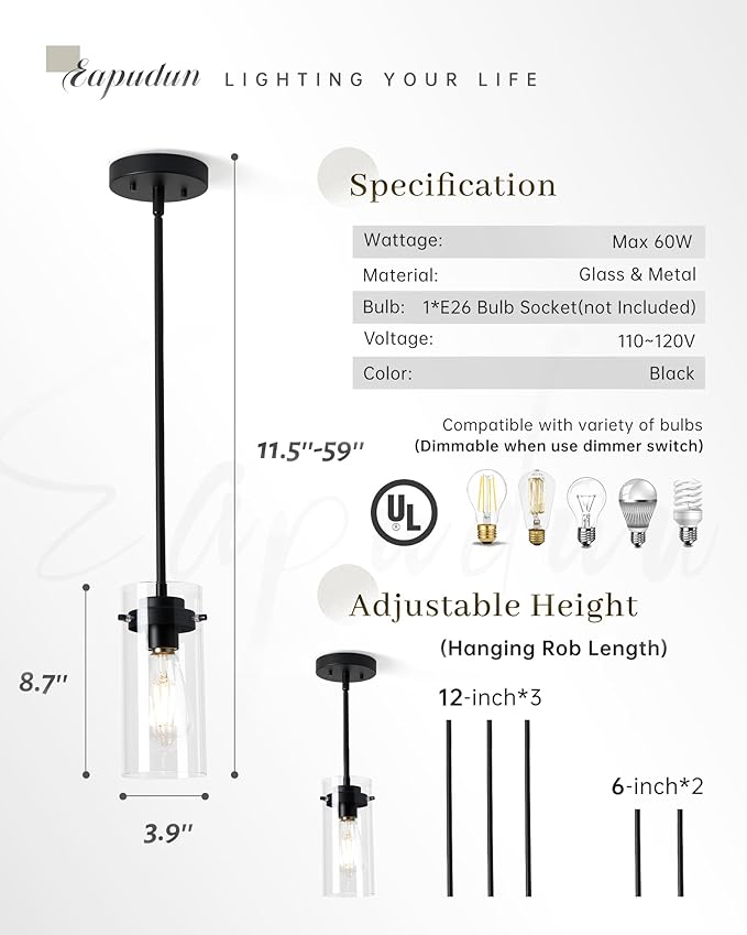 EAPUDUN Industrial Pendant Light Fixtures,Clear Glass Shade Pendant Lighting,Vintage Hanging Lighting Fixture for Kitchen Island,Dining Room,Corridor Bedroom E26 Base UL Listed, PDA1353-MBK