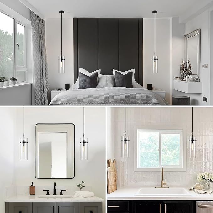 Modern Large Glass Kitchen Island Pendant Light,Black 6'' Clear Adjustable Island Pendant Lights,1 Light Indoor Pendant Light, for Kitchen Dining Bathroom Bedroom,Included 2 Bulb