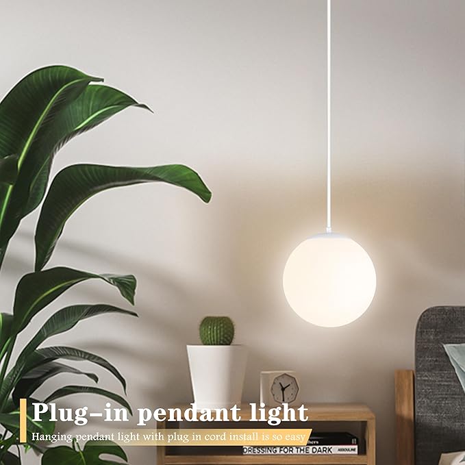 KoKo&Yukina 8" Globe Pendant Light White Plug in Pendant Light Adjustable Hanging Lights with Plug in Cord Matte White Finished with Milk Glass Lampshade for Bedroom Kitchen Island（Bulb Included）