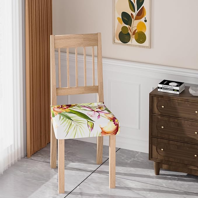 Stretch Dining Chair Seat Covers Set of 6,Dining Chair Slipcovers, Floral Printed Chair Covers,Soft Fabric Washable Upholstered Chair Seat Protector, No Rear Covers for Home Kitchen Dining Room