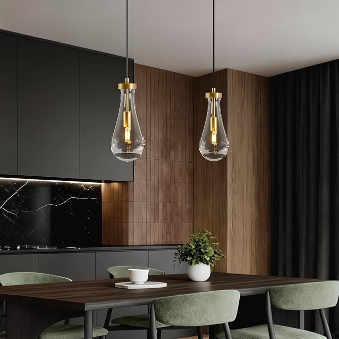 Raindrop Pendant Lights Kitchen Island: 2 Pack Crystal Gold Teardrop Hanging Light Fixtures over Dining Room Table - Modern Brass Glass Tear Drop Ceiling Pendants Chandelier Bedroom Bathroom Lighting