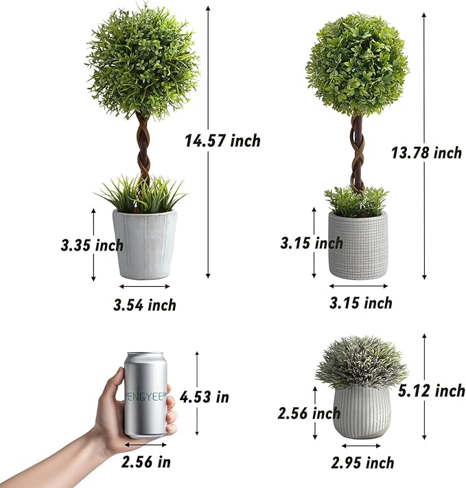 3 Pack Small Fake Plants in Farmhouse Concrete Planter, Artificial Boxwood Topiary ball Indoor for Home Decor, Small Faux Plants Indoor for Bathroom Bedroom Shelf Desk Office Table Kitchen Room Decor