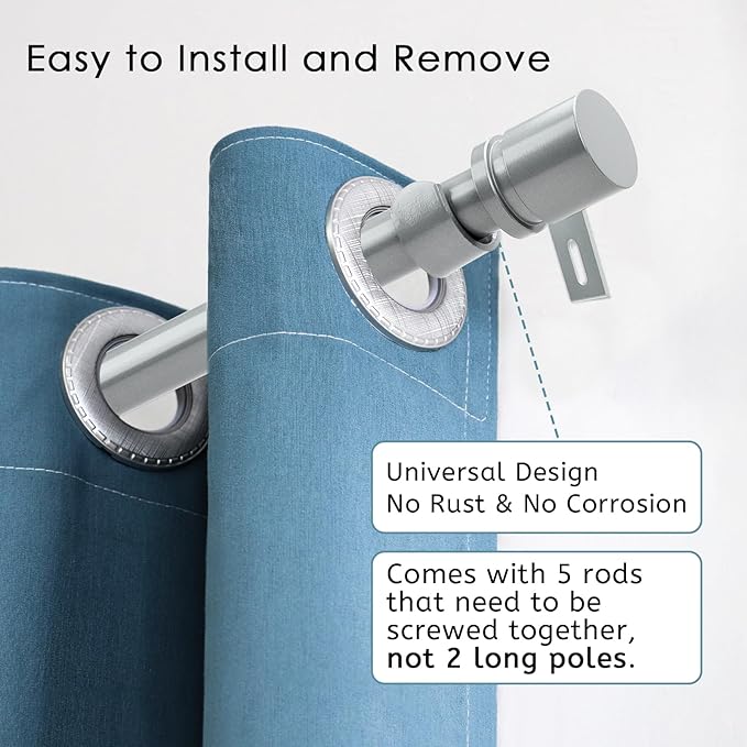 Curtain Rods for Windows 16 to 88 Inches Adjustable Length 1 Inch Diameter Window Curtain Rod with Aluminium End Cap, Silver Gray